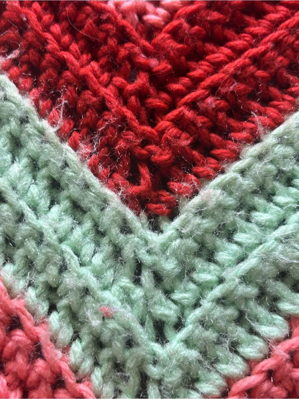 Vintage Handmade Chevron Knit afghan Throw Blanket - Green & Coral